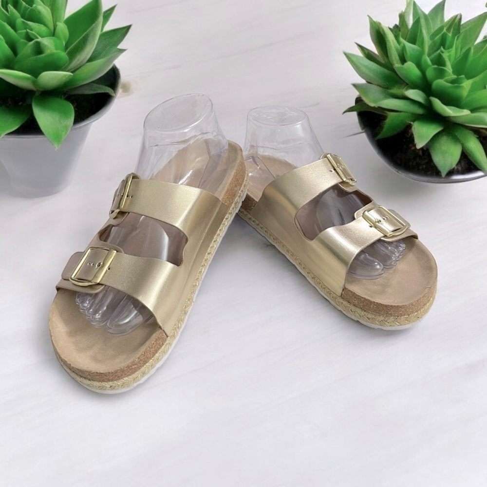 Metallic Gold Double-Buckle Slide Sandals for Women